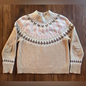 Rachel Zoe Fair Isle Sweater Knit Beige Pink Brown Nordic Cottagecore Size L